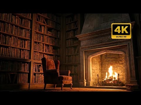 Cozy Library Ambience with Crackling Fireplace | Study & Sleep (No Music) - 4K #calmaterra