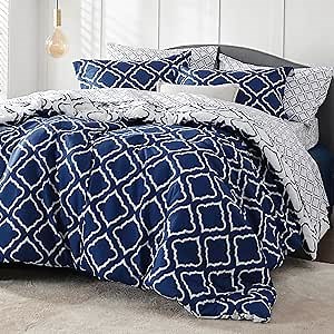Bedsure King Comforter Set 7 Pieces - Navy Blue Quatrefoil Comforters King Size, Lightweight Bedding Sets for All Season, Bed in a Bag with Comforters, Sheets, Pillowcases & Shams