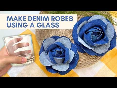 How to Make Denim Roses With a Glass- Cute Fabric Scrap Craft Idea | Easy No-Sew Crafts #diy #crafts
