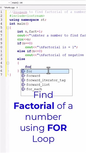 Find Factorial of a number using FOR Loop C++ Programming #shorts