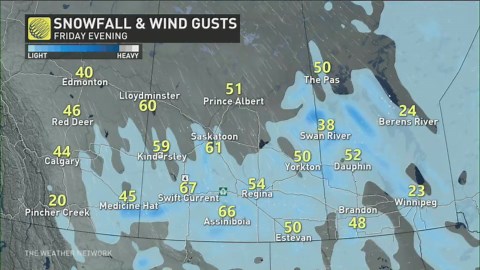 Risk of blowing snow and difficult travel through the Prairies