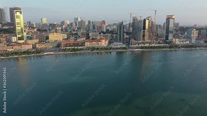 Luanda skyline from above, capital of Angola. Pan out, aerial drone footage 4k