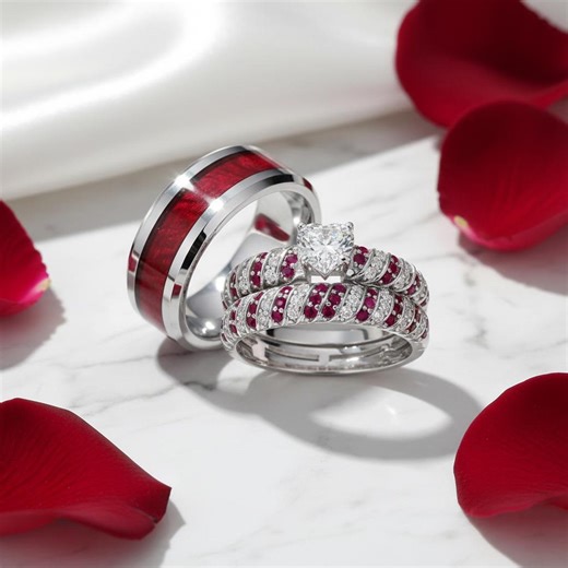 Ruby Diamond Engagement Ring Set | Heart Diamond Bridal Set for Her | Men's Wood Inlay Wedding Band - Etsy