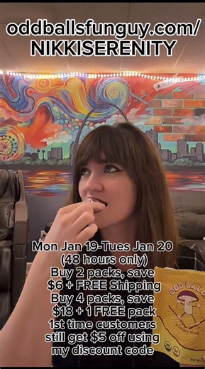 BIG SALE ENDS TONIGHT! Ending Tuesday January 20th * Buy 2 packs → save $6 FREE Shipping * Buy 4 packs → save $18 bonus FREE pack * 1st time customers still get $5 off using my discount code NIKKISERENITY Get your tasty energy boost from @ODD BALLS - Energy Balls at https://oddballsfunguy.com/NIKKISERENITY MORNING: Enjoy one on an empty stomach to support clear focus as you head into the day. MOVEMENT: Have one before or during a workout for smooth, steady energy throughout. AFTERNOON: Reach for