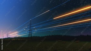 Overhead Electricity Transmission Lines with 3D Digital Visualization of Electricity. Epic Animation with Night Sky Full of Stars. Concept of Renewable Green Energy and Ecological Environment