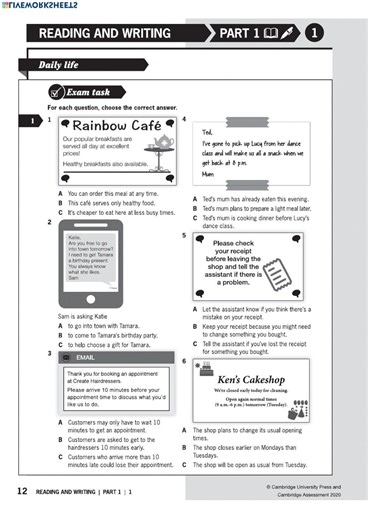 A2 KEY-READING part 1-5 worksheet