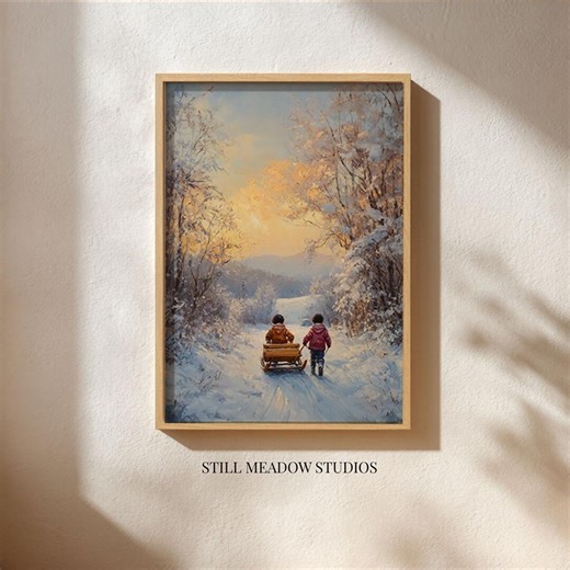 Vintage Winter Children With Sleigh Print, Rustic Winter Scene, Cozy Cottagecore Decor, Snowy Path Art, Digital Download, Printable 5 - Etsy