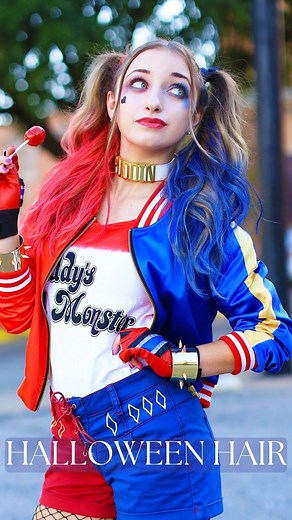 Cute Girls Hairstyles on Instagram: "Gotham's craziest hair, now at your fingertips! How good is @brooklynandbailey's transformation into Harley Quinn for Halloween a few years back?? 🃏💥 #HarleyQuinnHair #halloweenhair #hair #halloweenstyle #costume #cosplay #villan"