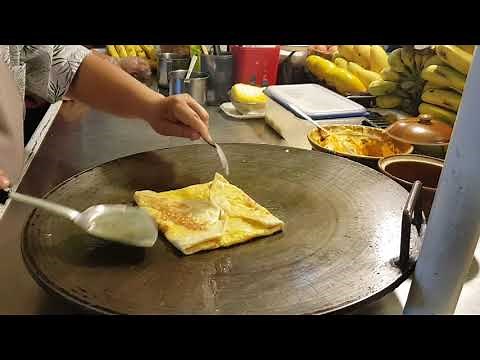 Delicious Thailand’s Famous Street Food. Thai Pancake Banana And Egg Roti. How to Make Roti Gulay