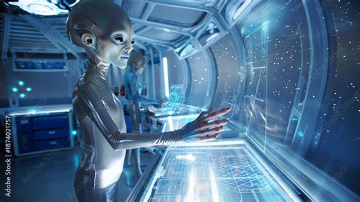 Extraterrestrial scientist inside a translucent spacecraft, holographic interfaces, advanced alien technology, soft glowing light, ultra-realistic sci-fi interiorExtraterrestrial scientist inside a tr