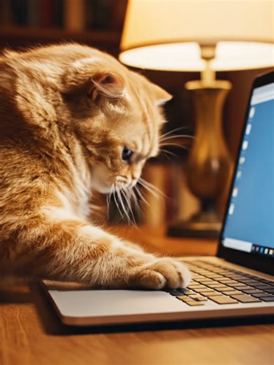 A fluffy orange cat furiously pawing at a laptop trackpad as Chrome freezes, dramatic slow motion, exaggerated spinning beachball on screen, cat looking offended, cinematic lighting, comedic timing, cozy home office, ultra sharp focus, playful chaos