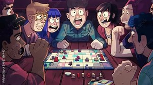 An animation showcasing friends gathered around a table playing a board game, with detailed pixel art of the game board, pieces, and excited expressions.