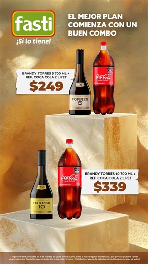 Tradición, aroma y carácter en una sola botella 🥃: #Brandy Torres 5 y Torres 10 de 700 ml con Coca-Cola 2 L en combo por $249 y $339. ¡Un clásico que se disfruta mejor cuando se comparte, disponible en Tiendas #Fasti!🍹 * Vigencia del 6 de enero al 9 de febrero de 2026, hasta nuevo aviso o hasta agotar existencias. * Aplican Restricciones * Prohibida la venta de bebidas alcohólicas a menores de edad | Tiendas Fasti