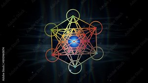 Video animation Metatron's Cube, Flower of Life. Golden and Colorful Sacred geometry. Loop footage of Mystic icon platonic solids, geometric drawing, crop circles, special effects on black background Stock Video