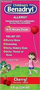 Benadryl Children's Allergy Relief Liquid Medicine with Diphenhydramine HCl Antihistamine for Kids' Allergy Relief, Effective Allergy Relief, Cherry Flavor, 8 fl. oz