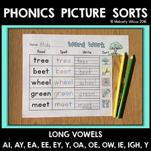 Vowel Team Long Vowels Worksheets Cut and Paste Picture Sort Activities