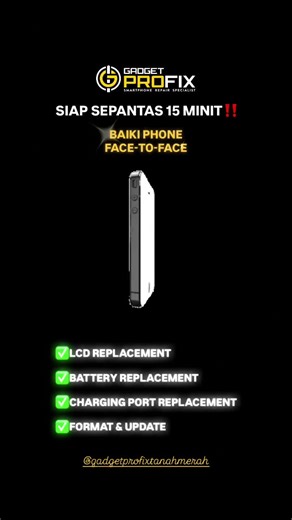 [ GADGET PROFIX ] Smartphone Repair Specialist TELEFON ANDA ROSAK? Screen takleh touch? Battery problem? Cas x masuk? Jangan risau, Gadget Profix Tanah Merah boleh repair. Guarentee puas hati sebab kami baiki siap segera. Hampir semua jenis kerosakan kami boleh baiki . [ SERVIS & KEPAKARAN KAMI ] : ⭐Baiki Lcd Screen ⭐Baiki Battery ⭐Baiki Charging Port ⭐Baiki On/Off/Volume Button ⭐Baiki Motherboard ⭐Lupa Password & Email ⭐Tukar Body & Backglass ⭐Servis Lain-Lain [ KENAPA WAJIB BAIKI DGN KAMI ] : 