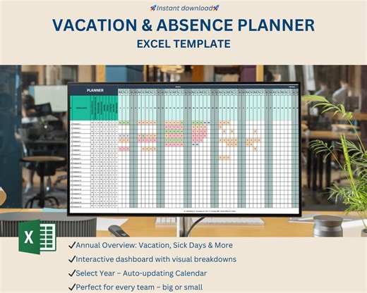 Excel Holiday Planner & Absence Overview – Annual Calendar, Automatic Updates, Dashboard and Evaluation – Without Macros - Etsy