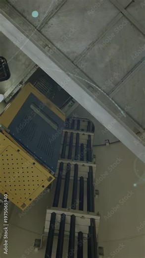 Vertical video: Camera tilting, cable tray centering lens flares growing to reveal gear for check