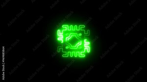 Glowing neon CPU icon animation. Neon processor icon .Glowing neon line Computer processor with microcircuits CPU icon isolated on black background.