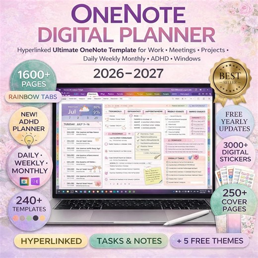 OneNote Digital Planner 2026–2027, mit Hyperlink versehene ultimative OneNote-Vorlage für Arbeit, Meetings, Projekte, täglich, wöchentlich monatlich, ADHD, Fenster - Etsy Österreich