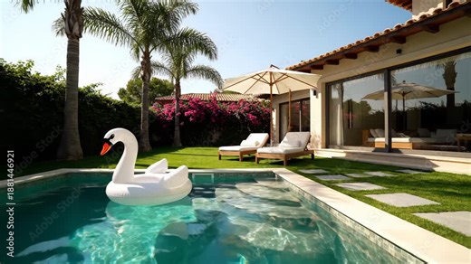 Azure Water in Pool with Inflatable Swan and Palm Trees Under Bright Sky at Spanish Villa with Two Sunbeds and Umbrella on Lawn