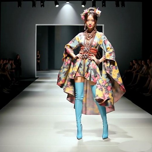 Mannequin Japonaise en kimono multicolore et cuissardes bleu ciel défile sur le podium.