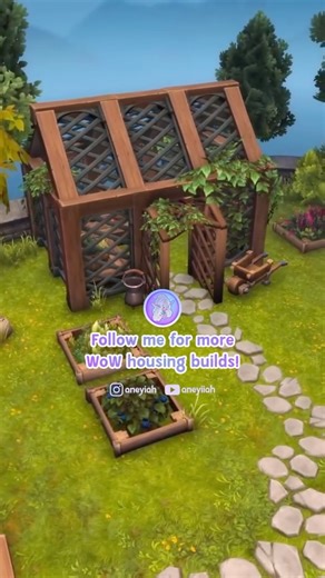 aneyiah on Instagram: "I touch grass in WoW Housing.. 🤷🏼‍♀️ Here is a quick tutorial on how to do the greenhouse from my cottage build! And the planters!🌳 Do you want to see more speedbuilds like this? 🙋🏼‍♀️💜 Decor Items used: Greenhouse: Stormwind Beam Platform Sturdy Wooden Trellis Sturdy Wooden Interior Pillar (sized down) Stormwind Arched Trellis Creeping Lattice Ivy Planters: Sturdy Wooden Bench Outer Banks Large Garden Cluster Barrens Hosta Bush Nagrand Blueberry Bush Dye used: Basic