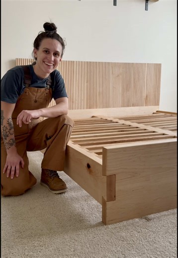 Assembly of the custom bed frame. Made to be taken apart and moved without needing tools (besides massive muscles) but stable when together without any nails or screws #finewoodworking #woodjoinery #woodworking #modernfurniture #furnituremaker #woodshop #diy #furnituredesign