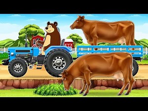 Farmer & Tractor: Breeding Farm Brown Cow Plowing Fields | Vehicles Farm