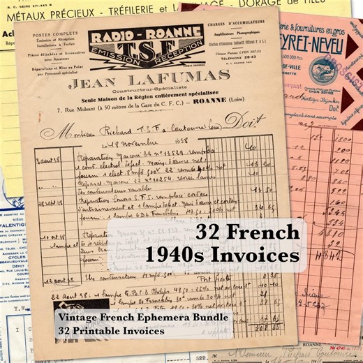 French 1940s Vintage Invoices Printable – 32 Antique French Ephemera Pages – Art Deco Typography – Junk Journal & Scrapbooking Papers - Etsy