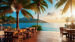 Modern interior of beachside restaurant, In a smooth looping background with 4K video.