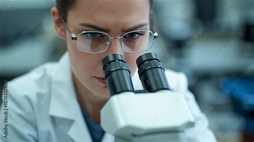 Leaning lab tech aligning scope eyepiece, tweaking focus, viewing specimen in white coat and specs