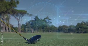 Golf driver head being animated behind ball on tee, with transparent HUD graphics mapping fairway