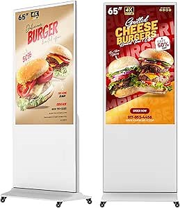 MWE 65 Inch 4K Digital Signage Display Kiosk, Indoor Floor Standing Advertising Display Poster, LCD Commercial Display with Auto Media Player, Android System, HDMI/USB/WiFi, White
