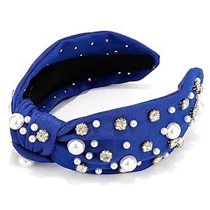 Atoden Knotted Headbands with Pearl Rhinestone Royal Blue Headband Wide Top Knot Headbands Beaded Crystal Jeweled Head Bands Embellished Sparkly Hair Bands Hair Accessories for Women Girls
