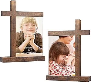 QUTREY 5x7 Picture Frames Set of 2, Cross Shaped Rustic Wooden Double Sides Display 5 by 7 Photo Frame for Tabletop