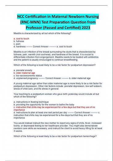 NCC Certification in Maternal Newborn Nursing RNC MNN Test Preparation Question from Professor Passe