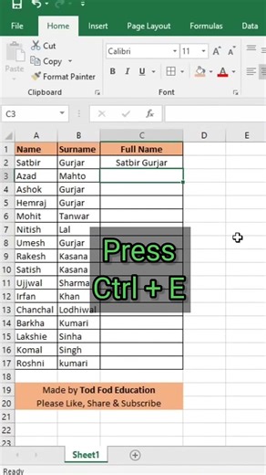 Flash Fill – Split Full Name Instantly | Excel Tips & Tricks #flashfill #exel