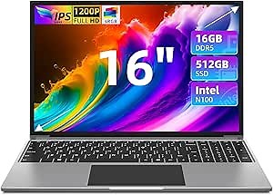 jumper Laptop Computer 16", 16GB RAM 512GB ROM, Laptops with 12th Intel Quad-Core N100 CPU, 1200P FHD IPS Display, 16:10 Aspect Ratio, Cooling System, 38WH Battery, 4 Stereo Speakers, Dual-Band WiFi.