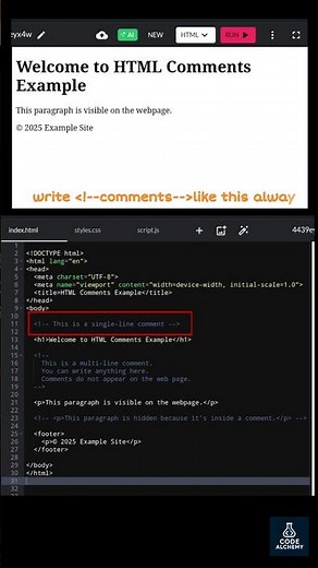 How to write comments in html #html #webdesign #css #shortsfeed | Code Alchemy
