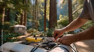 A traveler repairs an RV generator at a campground with tools clanking wires reconnecting a manual open and a forest in the background presented in a technical photo with tool Stock Video