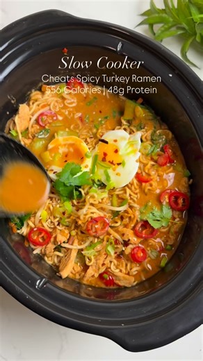 Slow Cooker Cheats Spicy Turkey Ramen This cheat’s spicy ramen delivers all the bold, savoury flavours of a takeaway favourite with minimal effort. Tender turkey simmers in a rich, umami packed broth infused with garlic, ginger, chilli and Korean-inspired sauces, before being finished with fresh vegetables and springy ramen noodles. Topped with jammy eggs and a drizzle of chilli oil, it’s the ultimate comforting, fiery fakeaway bowl. Nutrition ⬇️ Per serving Calories - 556, Fat - 14.4g, S/Fat - 