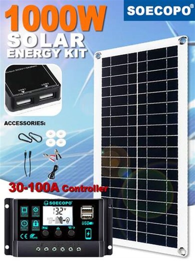 SOECOPO 1000W Solar Panel Kit, 30-100A Smart Controller - Ideal For Camping, Off-Grid Power, Outdoor Use, Renewable Energy | SHEIN