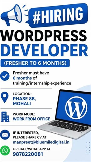 Hiring WordPress Developer | Freshers | Mohali