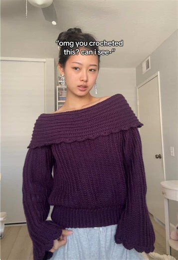 SAY LESS 🫶🏼🤭 btw… i made a free tutorial on my channel (celeste’s nook) “scalloped off the shoulder sweater” #crochet#crochetersoftiktok#handmade#fiberart#fashiontiktok