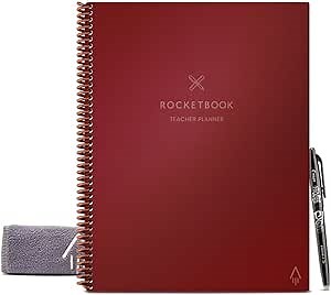 Rocketbook Reusable Teacher Planner | Scannable Planner Designed by Teachers | Week, Month, and Year Calendars, Lesson Planning Templates & Student Rosters | 24 Sheet Reusable Planner with 1 Pilot Frixion Pen & 1 Microfiber Cloth | Scarlett,8.5 inches X 11 inches