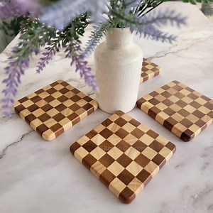 Handmade Checkered Wood Coaster Set. Personalized Coasters. - Etsy