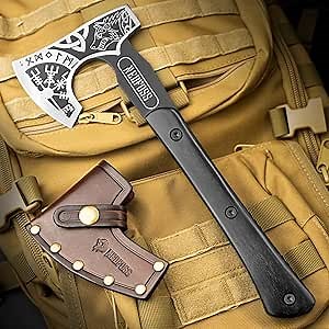 NedFoss 12.8" Berserker Tomahawk Viking Axe with Leather Sheath, Mini Nordic Valhalla Vikings Bearded Axe Engraved with Celtic Wolf Vegvisir Triquetra, Full Tang Tomahawk Axe Tactical with Wood Handle