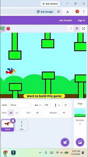 Flappy bird game in scratch|#scratch#games#coding#shorts#gaming #codingforkids#gameplay#scratchgame|